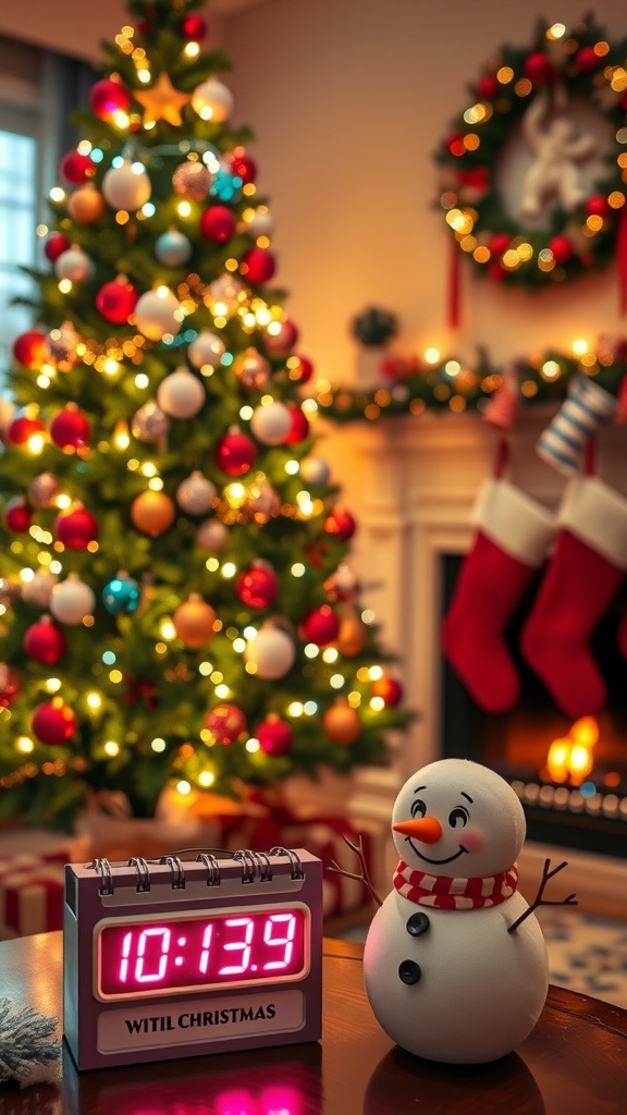 A decorated Christmas tree with a countdown calendar showing 100 days until Christmas, with a snowman and a cozy living room setting.